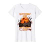 We're Happy Here in The Happy House Halloween Costume Moon Camiseta gráfica económica, Mujer, Blanco, S
