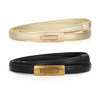 WERFORU Cinturón de piel para mujer, cinturón de cintura delgado ajustable, cinturón decorativo para vestidos, abrigo vaquero con hebilla giratoria dorada, Negro y dorado., Länge 105cm Fit Taille