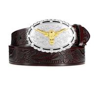 WERFORU Cinturón occidental vaquera para hombres y mujeres, cinturón de cuero con hebilla de toro occidental en relieve para vaqueros, marrón, Passt Taillengröße 74-84cm