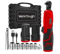 werktough Juego de herramientas de llave de trinquete inalámbrica de 3/8 pulgadas con 2 baterías de iones de litio, 8 accesorios y 1 cargador rápido rojo