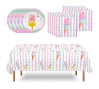 WERNNSAI Decoración de fiesta de helado - 33 piezas de helado de fiesta de cumpleaños vajilla decoración niños niñas hielo rosa arco iris fiesta verano servilletas platos mantel decoración accesorios