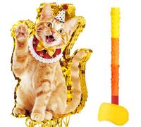 WERNNSAI Decoración de piñata de gato - Juego de piñata con cuerda para tirar de gato naranja con venda para cumpleaños, mascotas, fiesta temática, gatitos, festivales y fiestas de aniversario (41,9 x