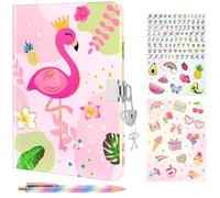 WERNNSAI Juego de Diario para Niñas con Diseño De Flamencos - Diario Dorado para Niña con Candado y Llaves, Diarios Para Niñas Con Bolígrafo y Pegatinas, Cuaderno de Escritura con Líneas A5