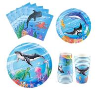 WERNNSAI Ocean Party Supplies - 64 platos de fiesta de animales bajo el mar, servilletas, tazas para niños, decoración de cumpleaños del océano, juego de vajilla de papel para 16 invitados