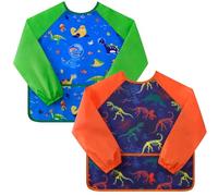 WERNNSAI Paquete de 2 batas de arte para niños con dinosaurios, bata de dinosaurio para niños, batas de artista para pintar, niños con bolsillo de manga larga, edad de 3 a 8 años