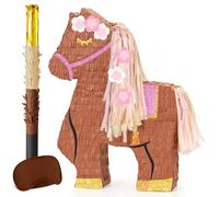 WERNNSAI Piñata de caballos - Juegos de fiesta para fiestas de cumpleaños de vaquera, piñata rosa y marrón caballo con venda y bastón - Fiesta de vaquera occidental para niños y estudiantes