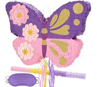 WERNNSAI Piñata - Piñata mariposa niñas juego cumpleaños con lazo morado con palo y antifaz decoración para fiestas cumpleaños princesas verano accesorios fiestas en la piscina