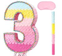 WERNNSAI Piñata rosa número 3 - Decoración de 3er cumpleaños, piñata con números arcoíris con venda para los ojos y palo para niños, fiesta de 3er cumpleaños, suministros de decoración de aniversario
