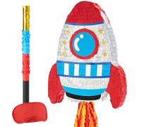WERNNSAI Rocket Pinata - Piñata de cuerda con venda para los ojos y palo para decoración de fiesta de cumpleaños espacial, juegos de fiesta de nave espacial para baby shower, suministros de