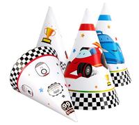 WERNNSAI Sombreros de fiesta de coche de carreras, 12 piezas de suministros de fiesta de carreras, sombreros de cono de papel para niños y niños, decoración de cumpleaños de carreras