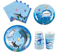WERNNSAI Suministros de fiesta de tiburón: 64 platos de fiesta de cumpleaños con océano, tazas, servilletas, vajilla para niños, suministros de decoración de cumpleaños de tiburón, sirve para 16