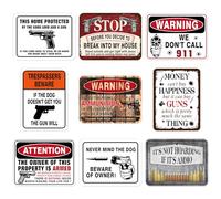 WERNNSAl - Señales de advertencia de pistola - 9 letreros de seguridad de cartón para casa armada, carteles de advertencia retro para decoración del hogar, jardín, patio, uso en interiores