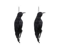 WERTSWF Paquete de 2 cuervos muertos para Halloween, cuervos colgantes aterradores, cuervo con plumas negras para jardín, casa embrujada tumba