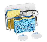 Werwing Soporte de esponja de acero inoxidable en forma de M para fregadero de cocina, organizador de fregadero inoxidable con ventosas y gancho adhesivo, organizador multifuncional para cepillos,