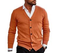 WESBR Mens Knit Jumper Thin Cut Knitwear Men Fine Knit Cardigan V-Neck Button Placket Mens Knitted Jacket Casual Mens Long Sleeve Jacket E-Orange M