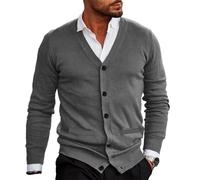 WESBR Mens Knit Jumper Thin Cut Knitwear Men Fine Knit Cardigan V-Neck Button Placket Mens Knitted Jacket Casual Mens Long Sleeve Jacket B-Grey XL