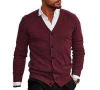 WESBR Mens Knit Jumper Thin Cut Knitwear Men Fine Knit Cardigan V-Neck Button Placket Mens Knitted Jacket Casual Mens Long Sleeve Jacket C-Wine Red L