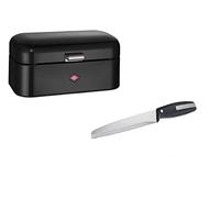 WESCO Juego de 1 panera Grandy en color negro de chapa de acero de alta calidad con recubrimiento en polvo y 1 cuchillo de pan con hoja de acero inoxidable en corte ondulado