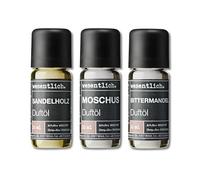 wesentlich. Juego de aceites aromáticos, composiciones aromáticas armónicas para quemadores, difusores y velas - Sandalwood, almizcle, almendra amarga