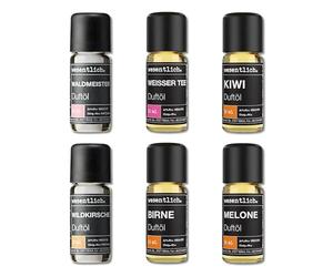 wesentlich. Juego de aceites aromáticos, composiciones aromáticas armoniosas para quemadores, difusores y velas - Waldmeister, té blanco, kiwi, cereza, pera, melón