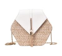 WESIEVYA Bolso Tejido de Paja para Mujer Borlas, Bolso Bandolera Pequeño de Poliéster Blanco, Diseño Moda Dos Formas de Uso para Playa