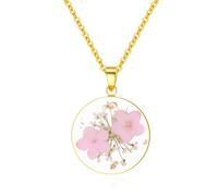 WESIHOO Collar de flores silvestres prensadas de miosotis rosadas y zanahoria silvestre | Collar de flores prensadas doradas | Joya myosotis | 45 cm