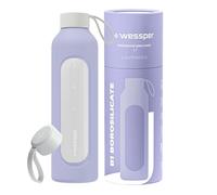 Wessper botella agua 1 litro, Botellas cristal Motivadora - Violeta | botella de cristal para agua, Escala de Hidratación, Botellas de Vidrio Borosilicato con Funda de Silicona, sin BPA