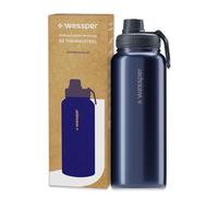 Wessper Botella Agua Acero Inoxidable 1000ml Botella Termica Sin BPA con 3 Tapones | Azul Elegante Botella Resistencia al Rayado, fácil de Limpiar | Termo Agua Fria/Caliente para Niños Adultos