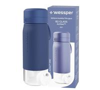 Wessper Botella Agua Filtro, 500 ml, Botella de Vidrio Borosilicato, con Filtro Agua Potable Actitex DISC, Contador de Sustitución del Filtro Integrado, Reduce el Cloro, BPA FREE - Azul