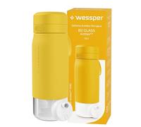 Wessper Botella Agua Filtro, 500 ml, Botella de Vidrio Borosilicato, con Filtro Agua Potable Actitex DISC, Contador de Sustitución del Filtro Integrado, Reduce el Cloro, BPA FREE - Amarillo