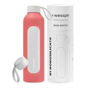 Wessper botella Cristal Agua para Beber con Cronómetro 1 L, sin BPA, Botella di Vidrio Borosilicato para Incentivos con Tapón de Bambú, con Tapa de Silicona, Coral