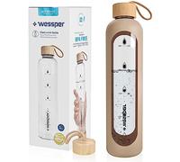 Wessper botella Cristal Agua para Beber con Cronómetro 1 L, sin BPA, Botella di Vidrio Borosilicato para Incentivos con Tapón de Bambú, con Tapa de Silicona - Beige