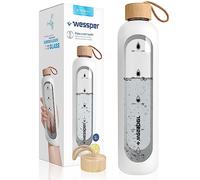 Wessper botella Cristal Agua para Beber con Cronómetro 1 L, sin BPA, Botella di Vidrio Borosilicato para Incentivos con Tapón de Bambú, con Tapa de Silicona - Blanco