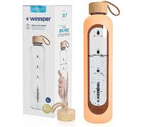 Wessper botella Cristal Agua para Beber con Cronómetro 1 L, sin BPA, Botella di Vidrio Borosilicato para Incentivos con Tapón de Bambú, con Tapa de Silicona - Melocotón