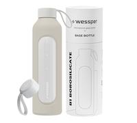 Wessper botella Cristal Agua para Beber con Cronómetro 1 L, sin BPA, Botella di Vidrio Borosilicato para Incentivos con Tapón de Bambú, con Tapa de Silicona, Crudo