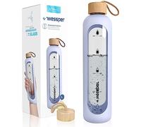 Wessper botella Cristal Agua para Beber con Cronómetro 1 L, sin BPA, Botella di Vidrio Borosilicato para Incentivos con Tapón de Bambú, con Tapa de Silicona - Violeta