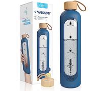 Wessper botella Cristal Agua para Beber con Cronómetro 1 L, sin BPA, Botella di Vidrio Borosilicato para Incentivos con Tapón de Bambú, con Tapa de Silicona - Azul