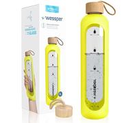Wessper botella Cristal Agua para Beber con Cronómetro 1 L, sin BPA, Botella di Vidrio Borosilicato para Incentivos con Tapón de Bambú, con Tapa de Silicona - Amarillo