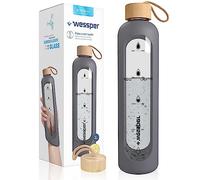 Wessper botella Cristal Agua para Beber con Cronómetro 1 L, sin BPA, Botella di Vidrio Borosilicato para Incentivos con Tapón de Bambú, con Tapa de Silicona - Gris