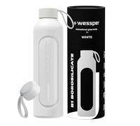 Wessper Botella de Agua Cristal, Botella 1 Litro Motivadora con Escala de Hidratación, Botellas de Vidrio Borosilicato con Funda de Silicona, Material Seguro sin BPA - Blanco
