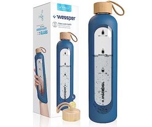 Wessper - Botella de agua de 1 l con motivo de cristal, sin BPA, botella de vidrio hermético, 1000 ml, con tapa de bambú reutilizable con funda de silicona, color azul