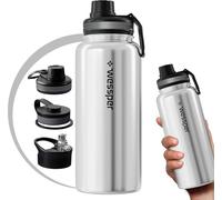 Wessper Botella de agua libre de BPA de acero inoxidable, botella térmica para agua 1 litro, café y té con 3 tapas, termo para deportes, gimnasio, bicicleta, al aire libre plata
