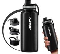 "Wessper Botella de agua libre de BPA de acero inoxidable, botella térmica para agua de 1 litro, café y té con 3 tapas, termo para deportes, gimnasio, bicicleta, al aire libre negro