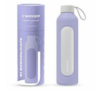 Wessper Botella de vidrio funda de silicona, botella de vidrio borosilicato con marca de tiempo 1 litro, botella deportiva ideal para fitness, deporte escolar, niños - Violeta