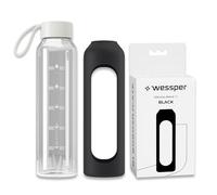 Wessper Botella de vidrio funda de silicona, botella de vidrio borosilicato con marca de tiempo 1 litro, botella deportiva ideal para fitness, deporte escolar, niños - Negro