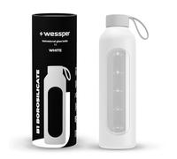 Wessper Botella de vidrio funda de silicona, botella de vidrio borosilicato con marca de tiempo 1 litro, botella deportiva ideal para fitness, deporte escolar, niños - Blanca