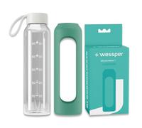 Wessper Botella de vidrio funda de silicona, botella de vidrio borosilicato con marca de tiempo 1 litro, botella deportiva ideal para fitness, deporte escolar, niños Laguna