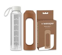 Wessper Botella de vidrio funda de silicona, botella de vidrio borosilicato con marca de tiempo 1 litro, botella deportiva ideal para fitness, deporte escolar, niños - Moka