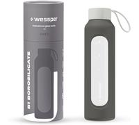 Wessper Botella de vidrio funda de silicona, botella de vidrio borosilicato con marca de tiempo 1 litro, botella deportiva Ideal para fitness, deporte escolar, niños - Gris