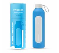 Wessper Botella de vidrio funda de silicona, botella de vidrio borosilicato con marca de tiempo 1 litro, botella deportiva ideal para fitness, deporte escolar, niños - Océano